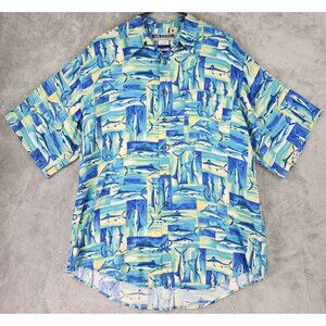 Un Tied Shirt Mens Large Blue Sword Fish Hawaiian Casual Button Up Short Sleeve